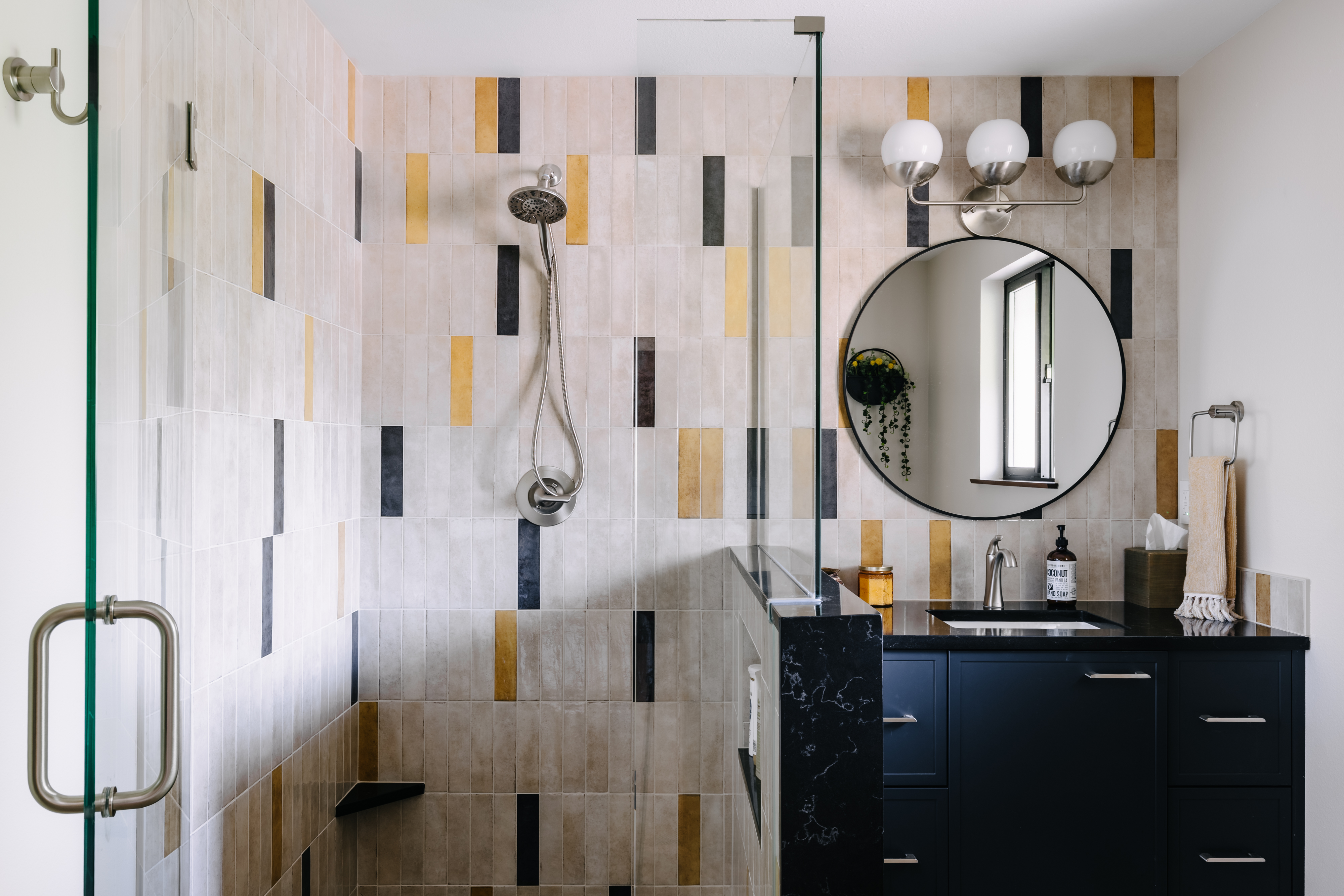 Contemporary Bathroom with Colorful Geometric Tile Pattern
